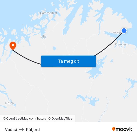 Vadsø to Kåfjord map