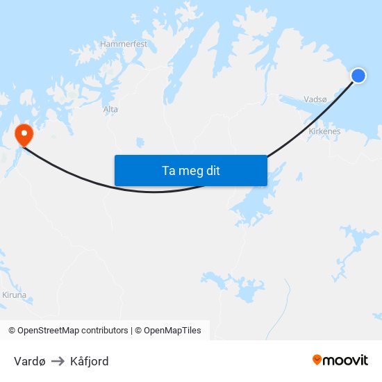 Vardø to Kåfjord map