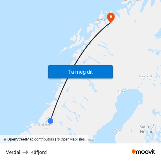Verdal to Kåfjord map