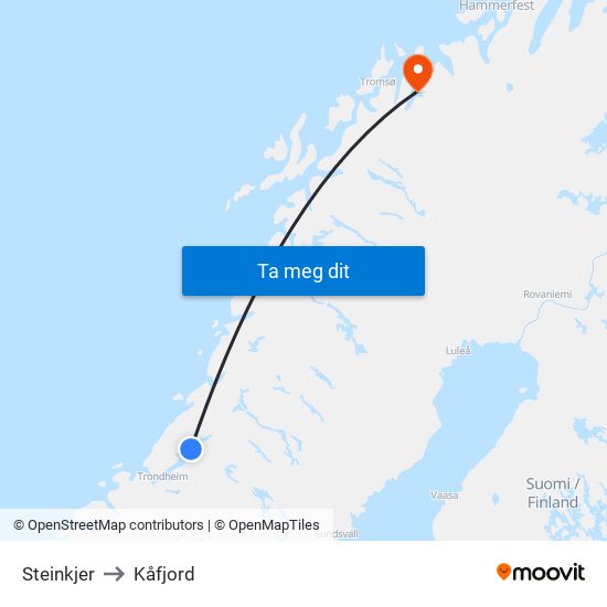 Steinkjer to Kåfjord map