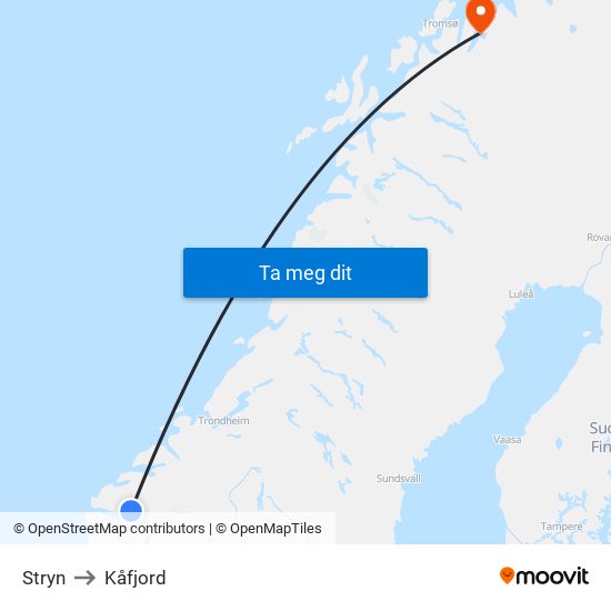 Stryn to Kåfjord map