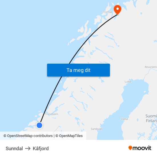 Sunndal to Kåfjord map