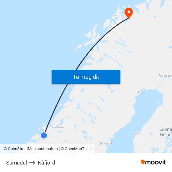 Surnadal to Kåfjord map