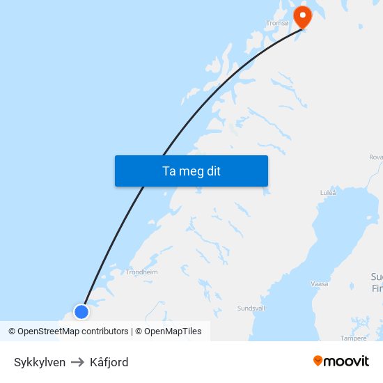 Sykkylven to Kåfjord map