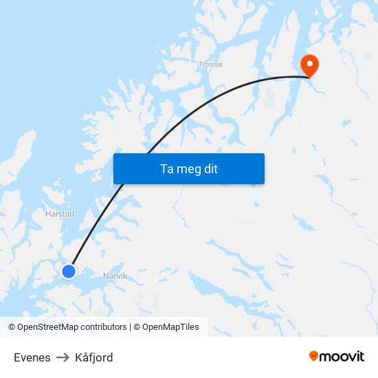 Evenes to Kåfjord map