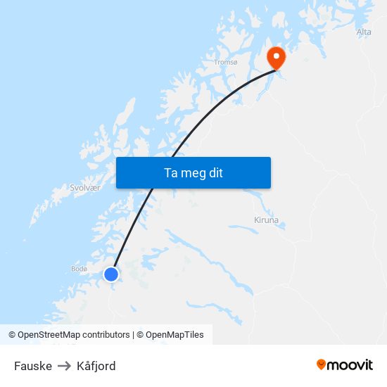 Fauske to Kåfjord map