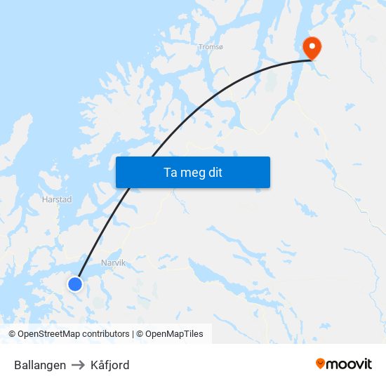 Ballangen to Kåfjord map