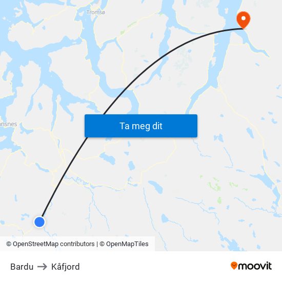 Bardu to Kåfjord map