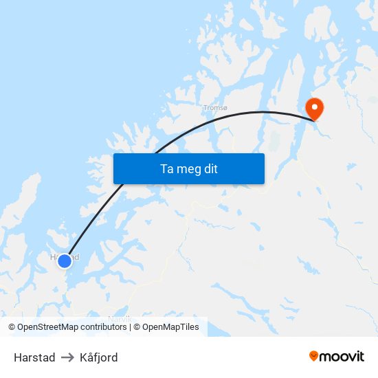 Harstad to Kåfjord map