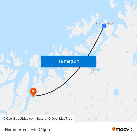 Hammerfest to Kåfjord map