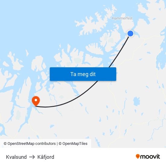 Kvalsund to Kåfjord map