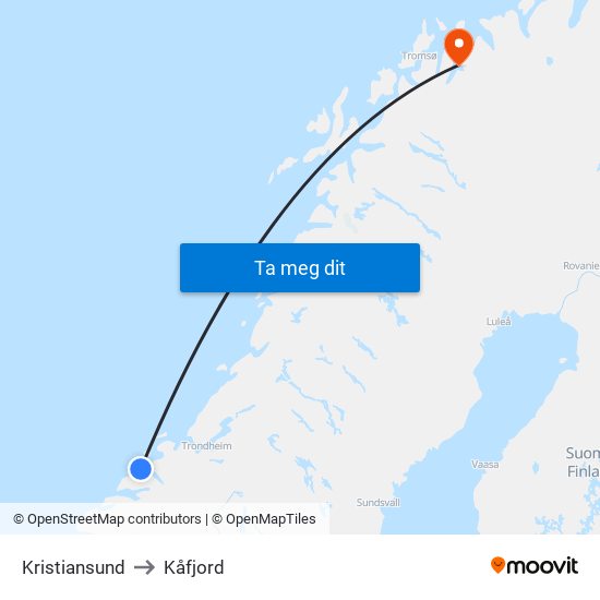 Kristiansund to Kåfjord map