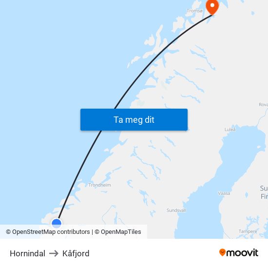 Hornindal to Kåfjord map