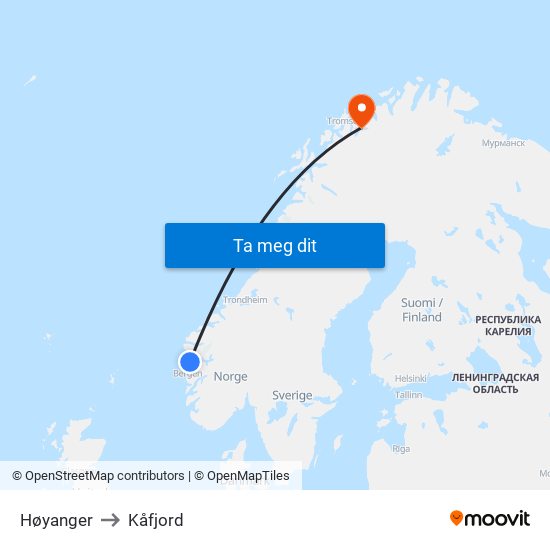 Høyanger to Kåfjord map