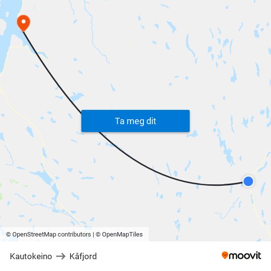 Kautokeino to Kåfjord map