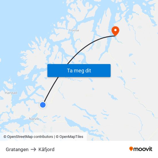 Gratangen to Kåfjord map