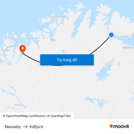 Nesseby to Kåfjord map