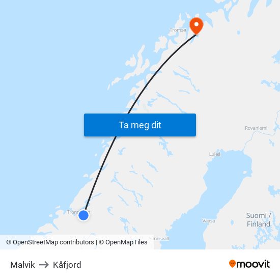 Malvik to Kåfjord map