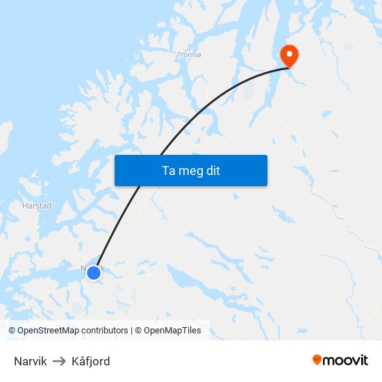 Narvik to Kåfjord map