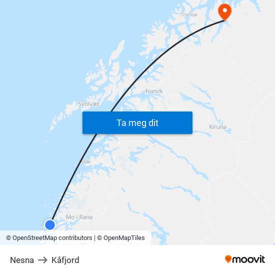 Nesna to Kåfjord map
