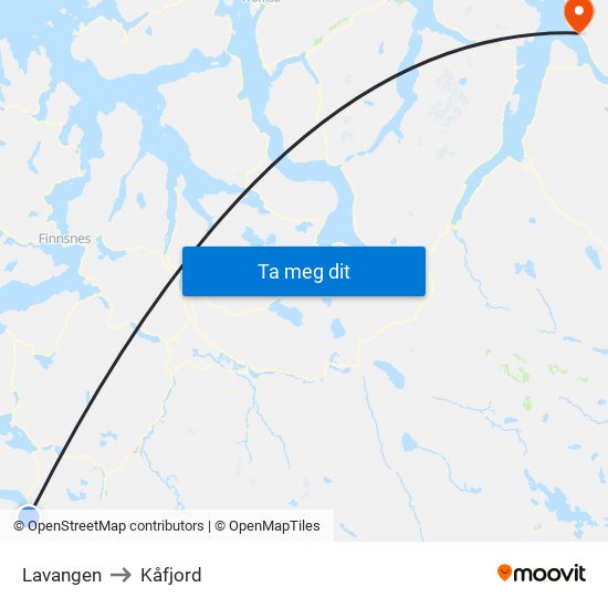 Lavangen to Kåfjord map