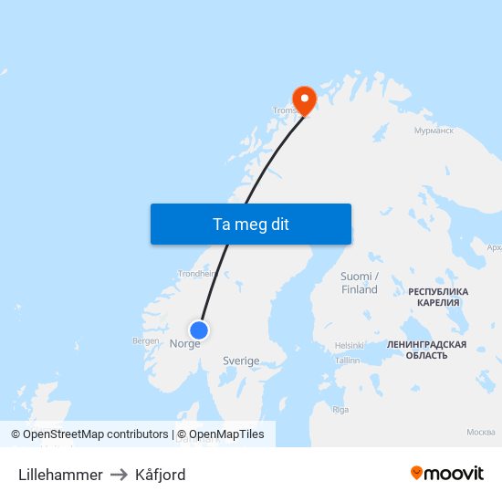 Lillehammer to Kåfjord map