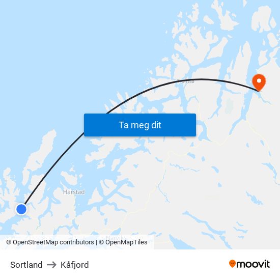 Sortland to Kåfjord map