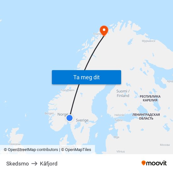 Skedsmo to Kåfjord map