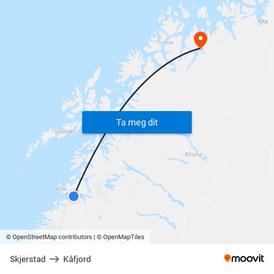 Skjerstad to Kåfjord map