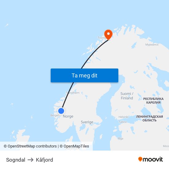 Sogndal to Kåfjord map