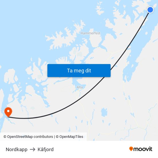 Nordkapp to Kåfjord map