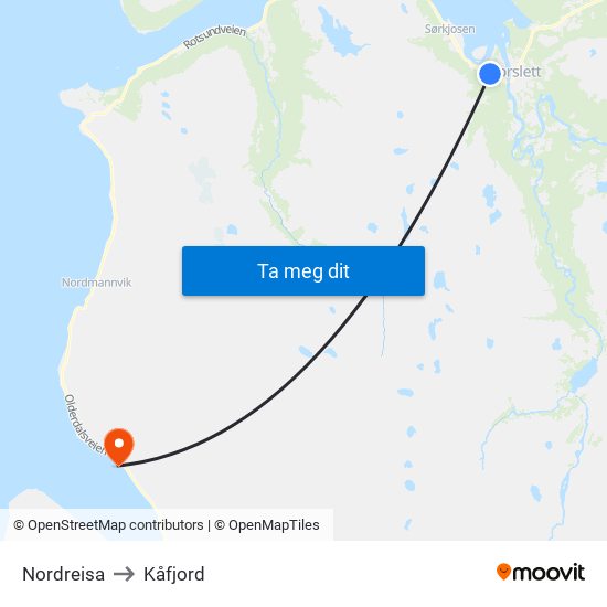 Nordreisa to Kåfjord map