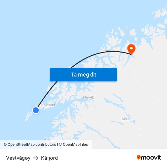 Vestvågøy to Kåfjord map