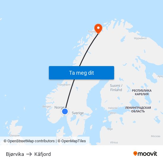 Bjørvika to Kåfjord map