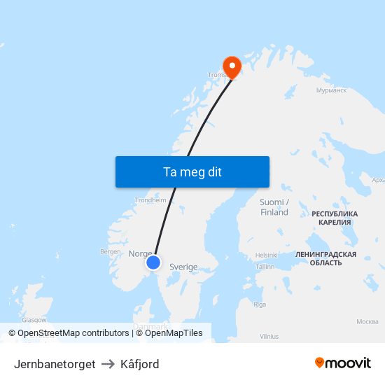 Jernbanetorget to Kåfjord map