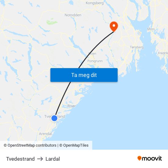 Tvedestrand to Lardal map