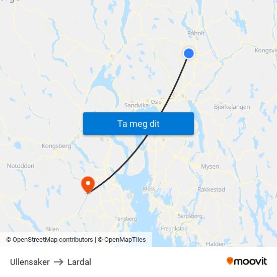 Ullensaker to Lardal map