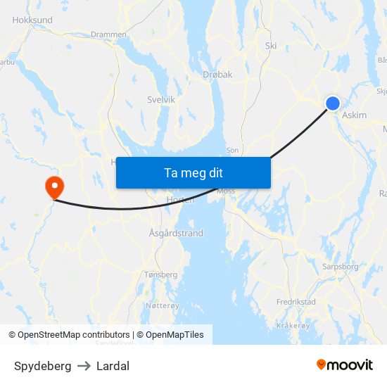 Spydeberg to Lardal map