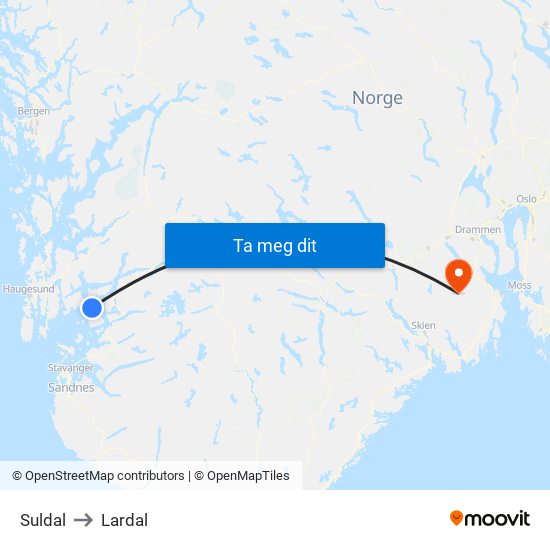 Suldal to Lardal map