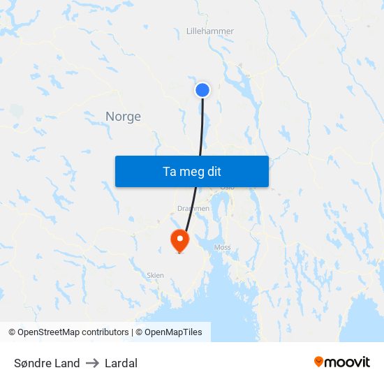 Søndre Land to Lardal map