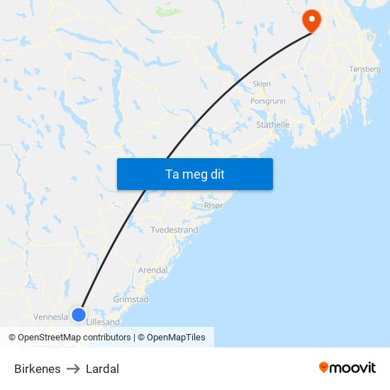 Birkenes to Lardal map