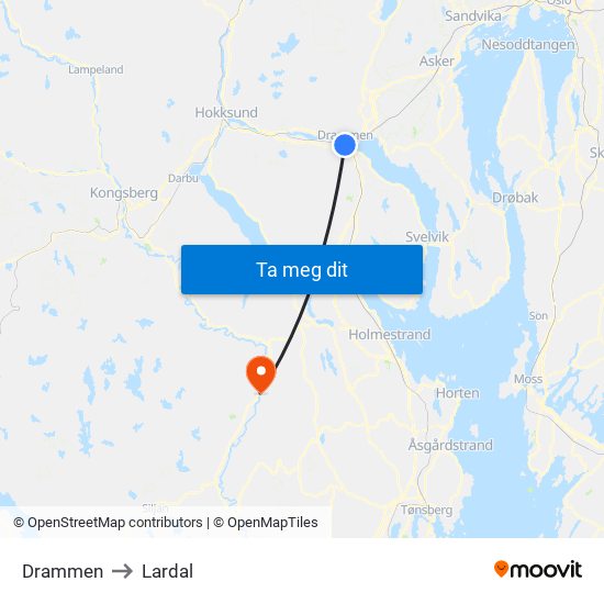 Drammen to Lardal map