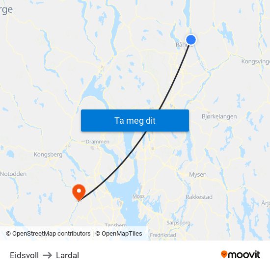 Eidsvoll to Lardal map