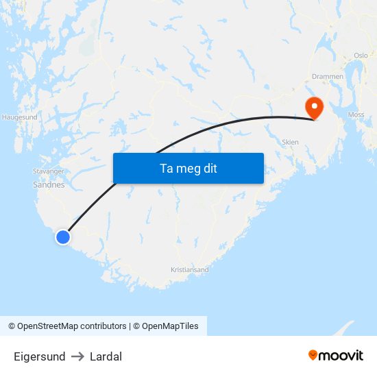 Eigersund to Lardal map