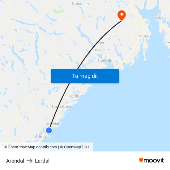 Arendal to Lardal map