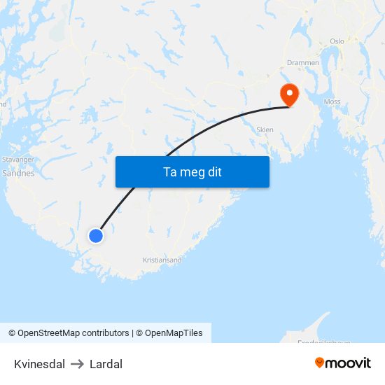 Kvinesdal to Lardal map