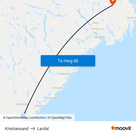 Kristiansand to Lardal map