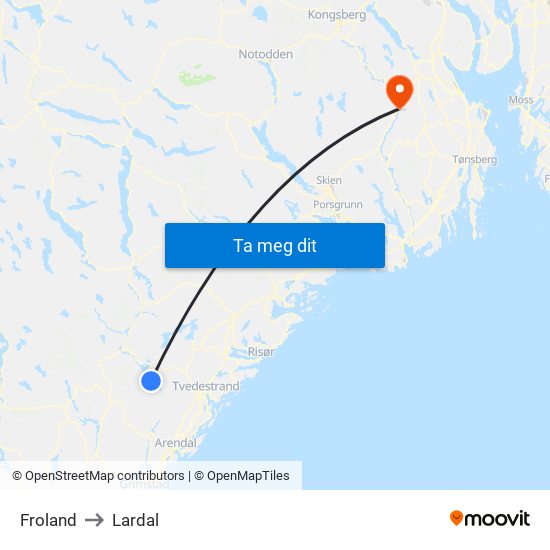 Froland to Lardal map