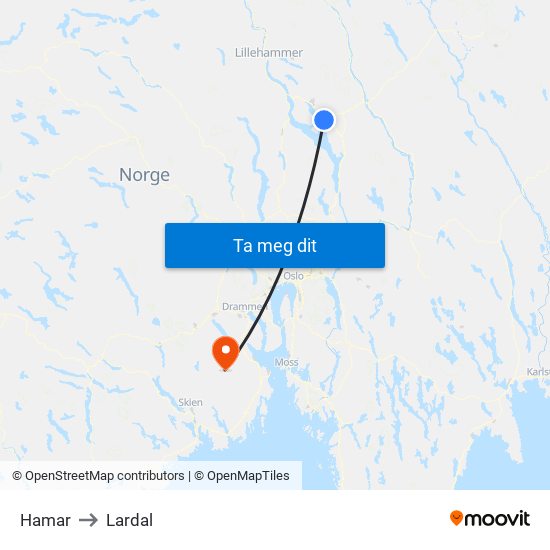 Hamar to Lardal map
