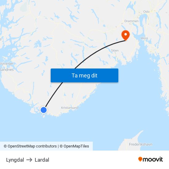 Lyngdal to Lardal map